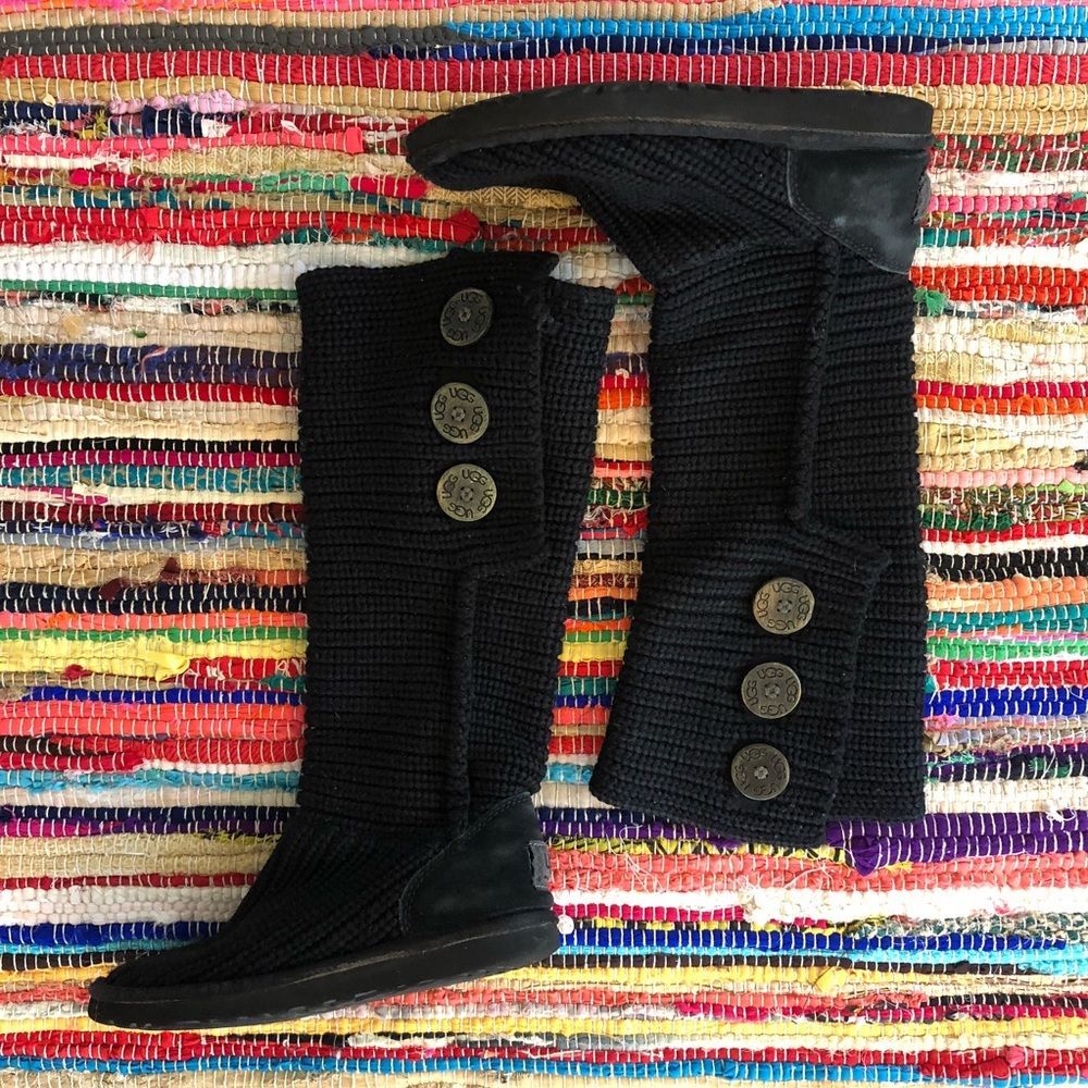 UGG Knit Long Boots Woven Big Button Black Size 5